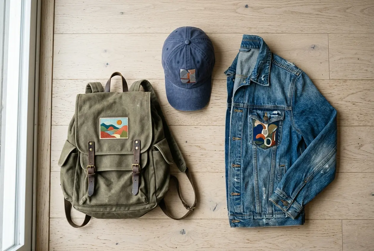A denim jacket, cap and backpack each carrying a patch, laid flat