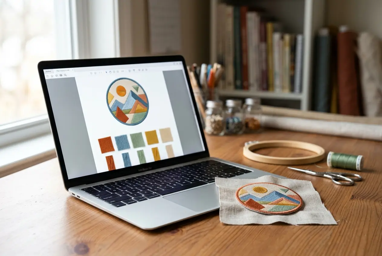 A digital patch proof on a laptop beside a finished sample